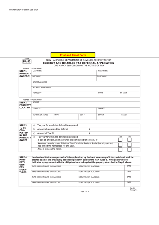 Fillable Form Pa-30 - Elderly And Disabled Tax Deferral Application Printable pdf