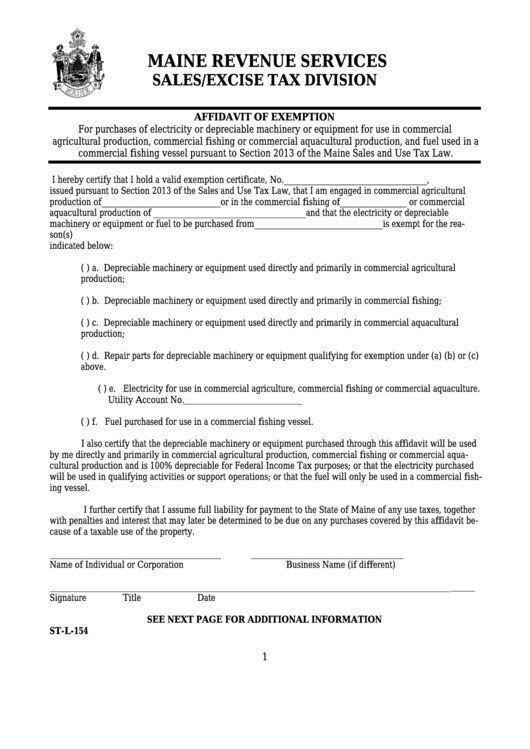 Form St-L-154 - Affidavit Of Exemption Printable pdf