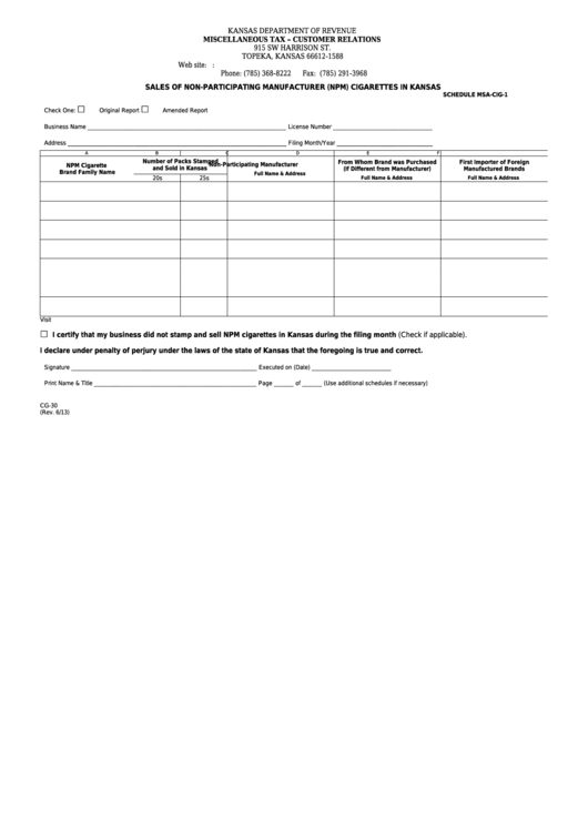 Fillable Form Cg-30 - Sales Of Non-Participating Manufacturer (Npm) Cigarettes In Kansas Schedule Msa-Cig-1 Printable pdf