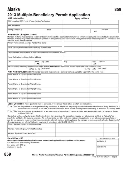 Fillable Form 859 - Multiple-Beneficiary Permit Application - 2013 Printable pdf