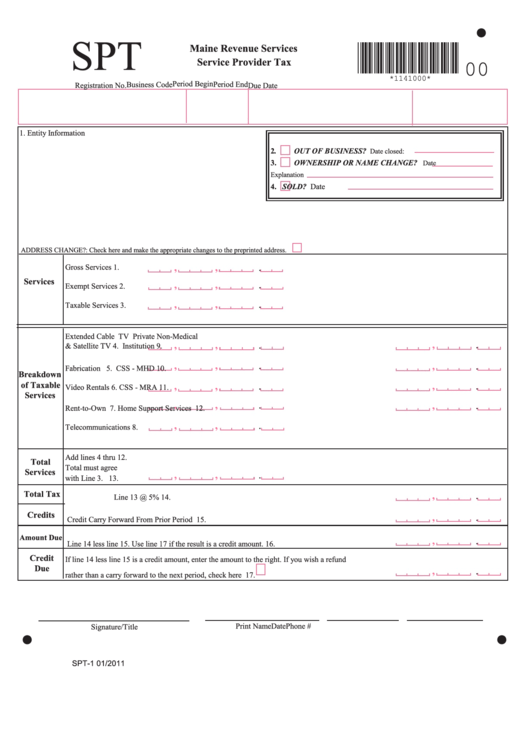 Form Spt-1 - Service Provider Tax Return Printable pdf