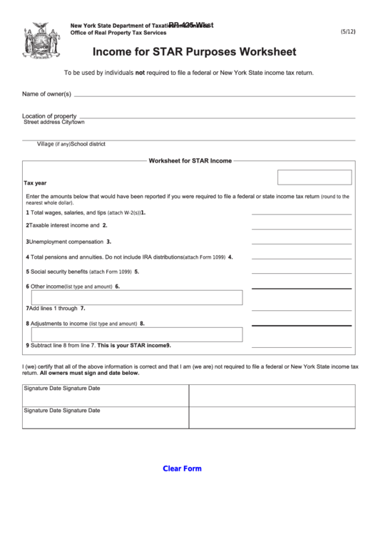 Fillable Form Rp-425-Wkst - Income For Star Purposes Worksheet Printable pdf