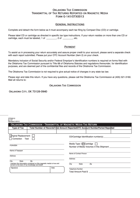 Fillable Form G-141/otx0013 - Oklahoma Tax Commission Transmittal Of Tax Returns Reported On Magnetic Media Printable pdf