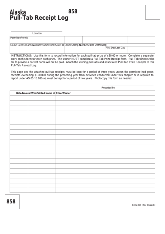 Form 858 - Alaska Pull-Tab Receipt Log Printable pdf