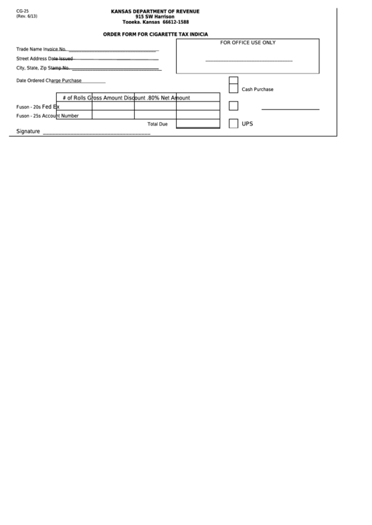 Fillable Form Cg-25 - Order Form For Cigarette Tax Indicia Printable pdf