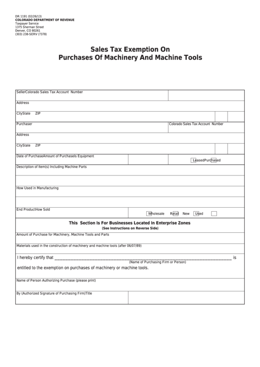 Form Dr 1191 - Sales Tax Exemption On Purchases Of Machinery And Machine Tools Printable pdf