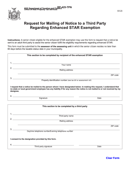 Fillable Form Rp-425-Tpn - Request For Mailing Of Notice To A Third Party Regarding Enhanced Star Exemption Printable pdf