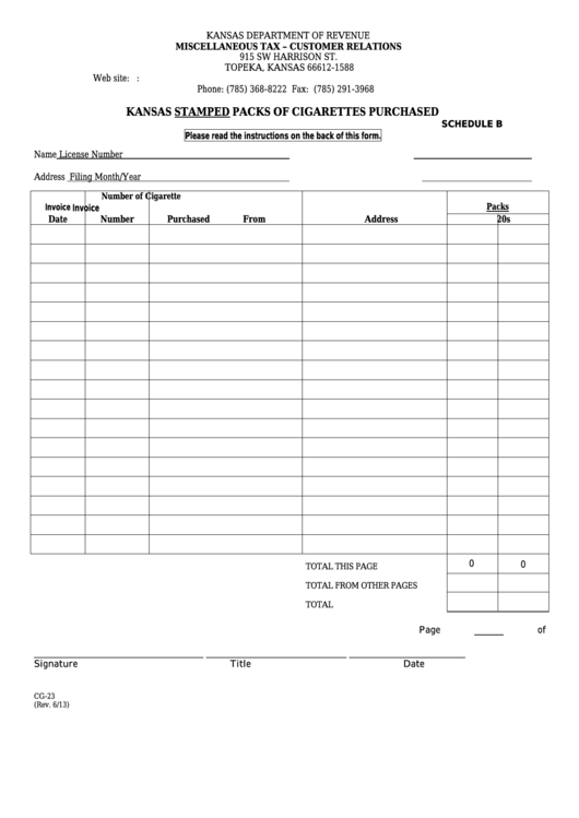 Fillable Form Cg-23 - Kansas Stamped Packs Of Cigarettes Purchased Schedule B Printable pdf