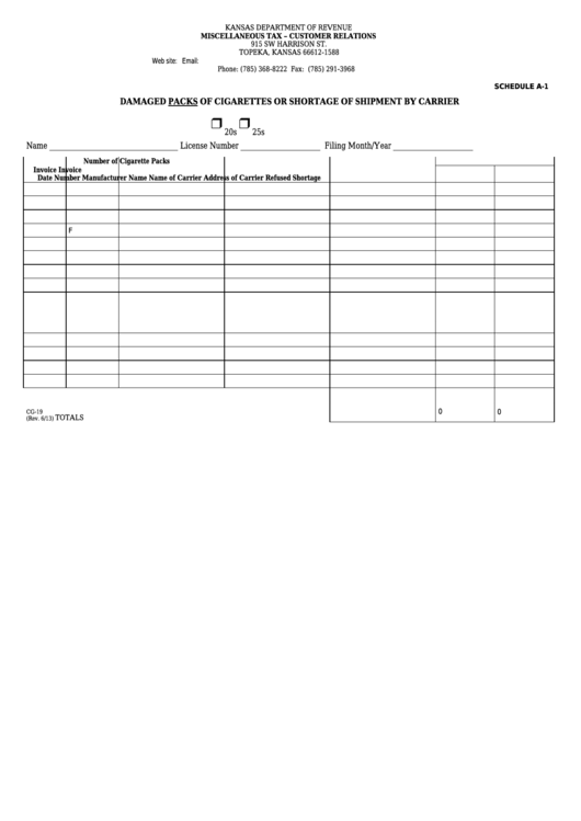 Fillable Form Cg-19 - Schedule A-1 Damaged Packs Of Cigarettes Or Shortage Of Shipment By Carrier Printable pdf