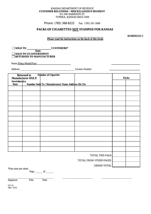 Fillable Form Cg-16 Schedule C - Packs Of Cigarettes Not Stamped For Kansas Printable pdf