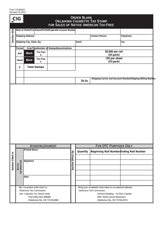 Fillable Form Cig50022 - Order Blank Oklahoma Cigarette Tax Stamp For Sales Of Native American Tax-Free Printable pdf