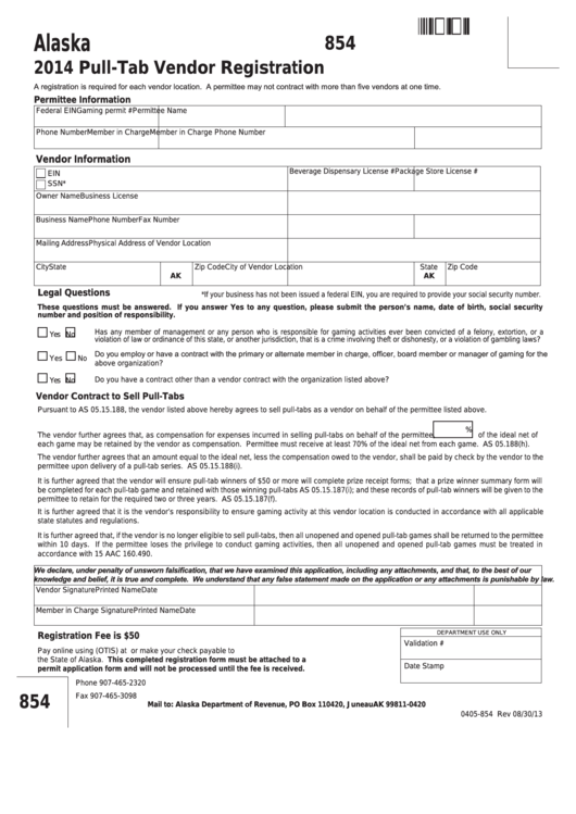 Fillable Form 854 - Pull-Tab Vendor Registration - 2014 Printable pdf