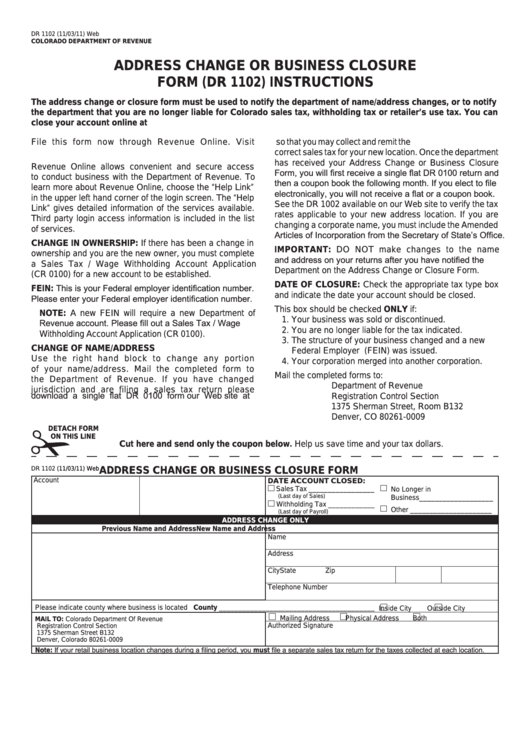 Form Dr 1102 - Address Change Or Business Closure Form Printable pdf