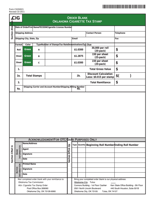 Fillable Form Cig50021 - Order Blank Oklahoma Cigarette Tax Stamp Printable pdf