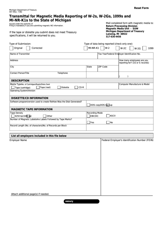 Fillable Form 447 - Transmittal For Magnetic Media Reporting Of W-2s, W-2gs, 1099s And Mi-Nr-K1s To The State Of Michigan Printable pdf
