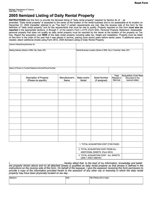 Fillable Form 3595 - Itemized Listing Of Daily Rental Property - 2005 Printable pdf