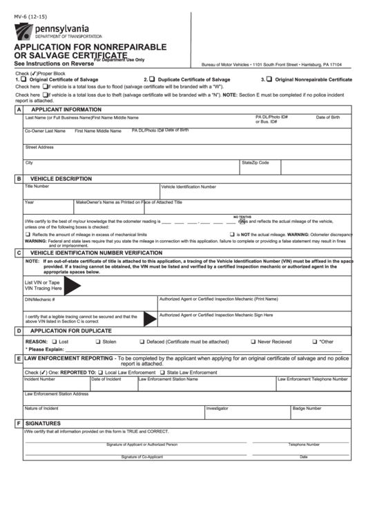 Fillable Form Mv-6 - Application For Nonrepairable Or Salvage Certificate Printable pdf