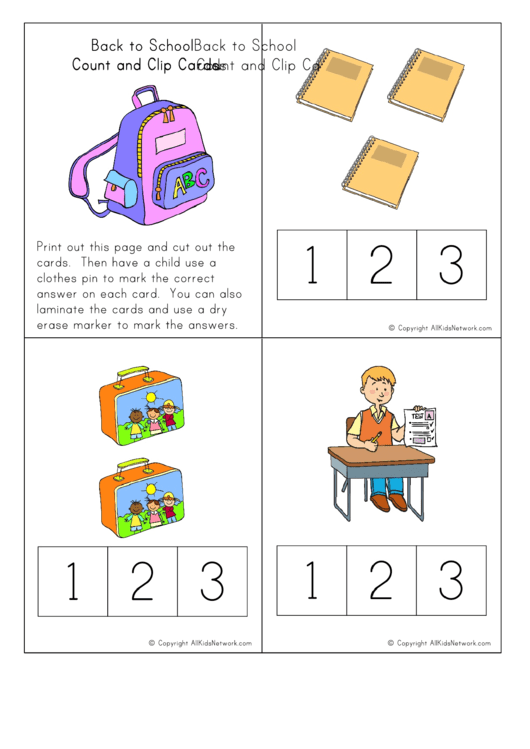 Back To School Count And Clip Cards Printable pdf