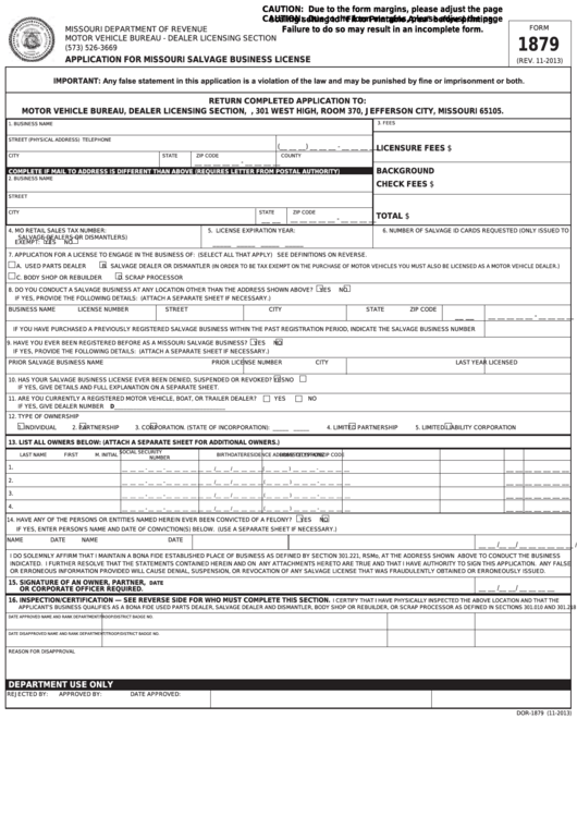 Fillable Form 1879 - Application For Missouri Salvage Business License Printable pdf