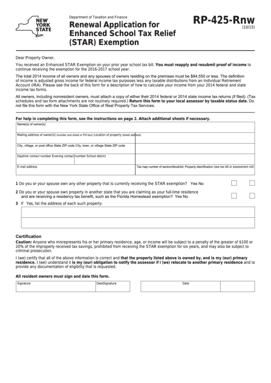 Fillable Form Rp-425-Rnw - Renewal Application For Enhanced School Tax Relief (Star) Exemption Printable pdf