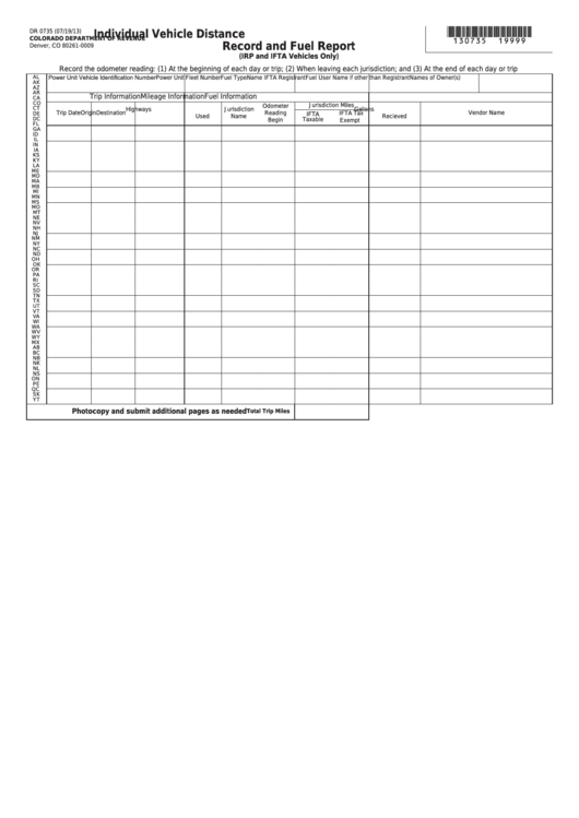 Fillable Form Dr 0735 - Individual Vehicle Distance Record And Fuel Report Printable pdf