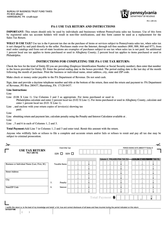 Form Pa-1 - Use Tax Return Printable pdf