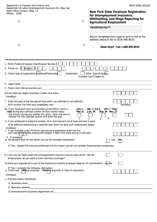 Fillable Form Nys-100a - New York State Employer Registration For Unemployment Insurance, Withholding, And Wage Reporting For Agricultural Employment Printable pdf