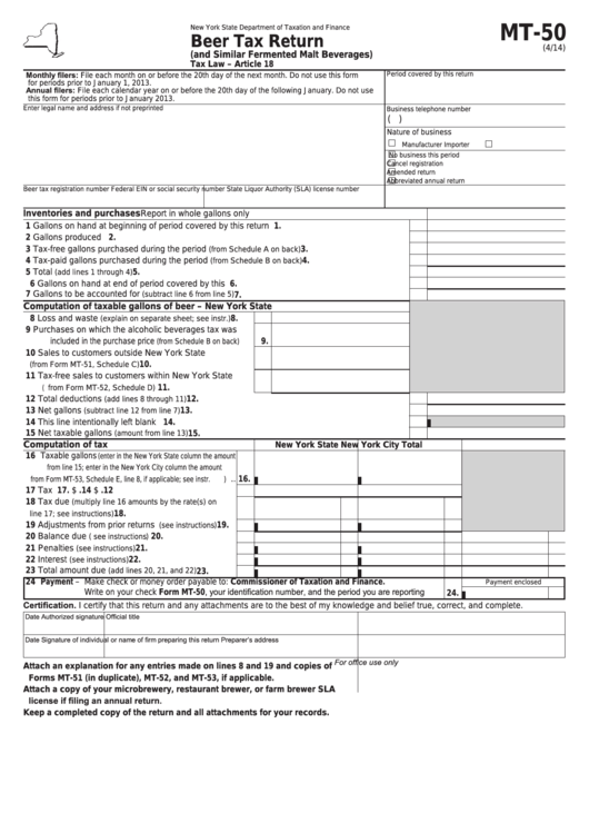 Form Mt-50 - Beer Tax Return (And Similar Fermented Malt Beverages) Printable pdf
