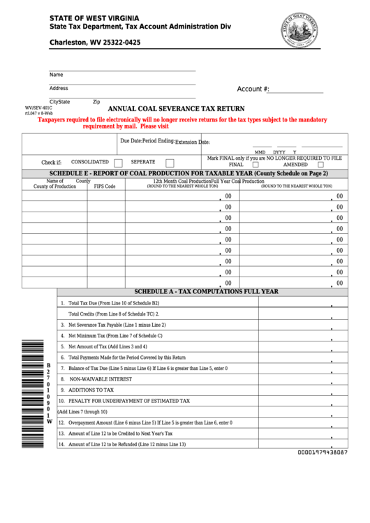 Fillable Form Wv/sev-401c - Annual Coal Severance Tax Return Printable pdf