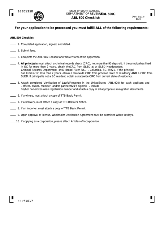 Form Abl 500c - Abl 500 Checklist Printable pdf