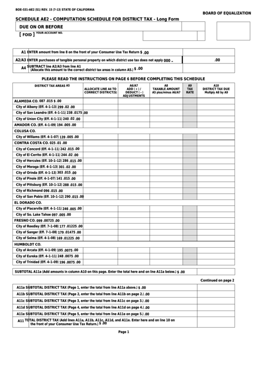 Fillable Form Boe-531-Ae2 - Schedule Ae2 - Computation Schedule For District Tax - Long Form Printable pdf