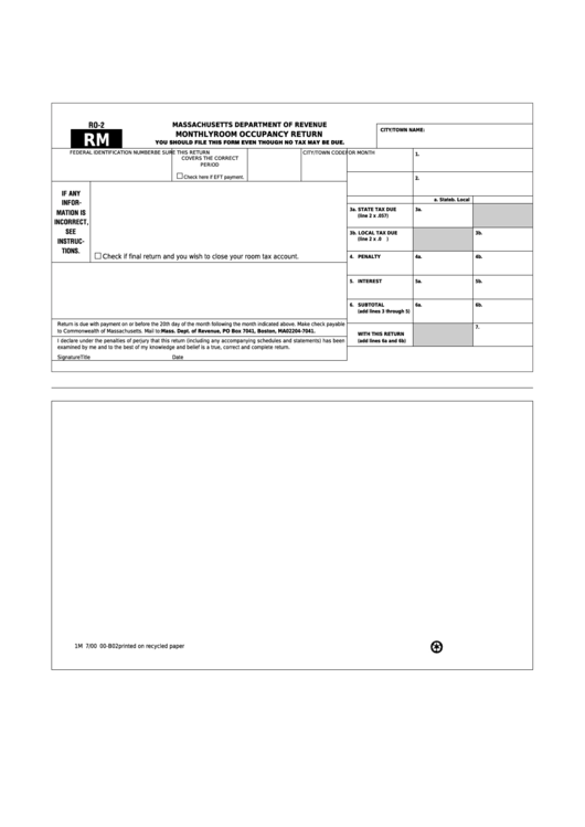 Fillable Form Ro-2 - Monthly Room Occupancy Return Printable pdf