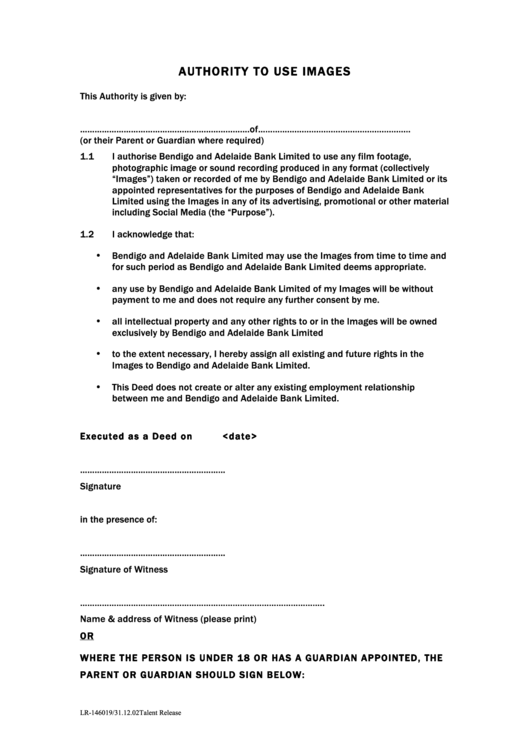 Form Lr-146019 - Authority To Use Images - Talent Release Printable pdf