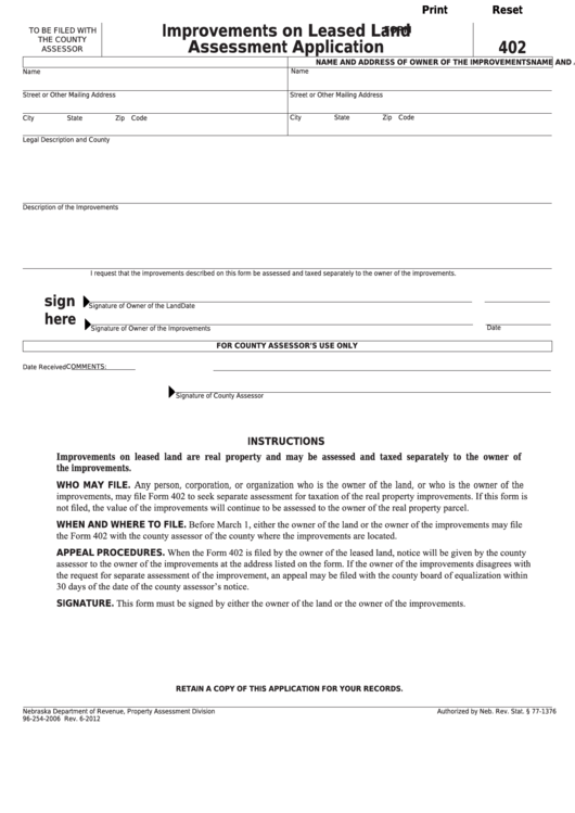 Fillable Form 402 - Improvements On Leased Land Assessment Application Printable pdf