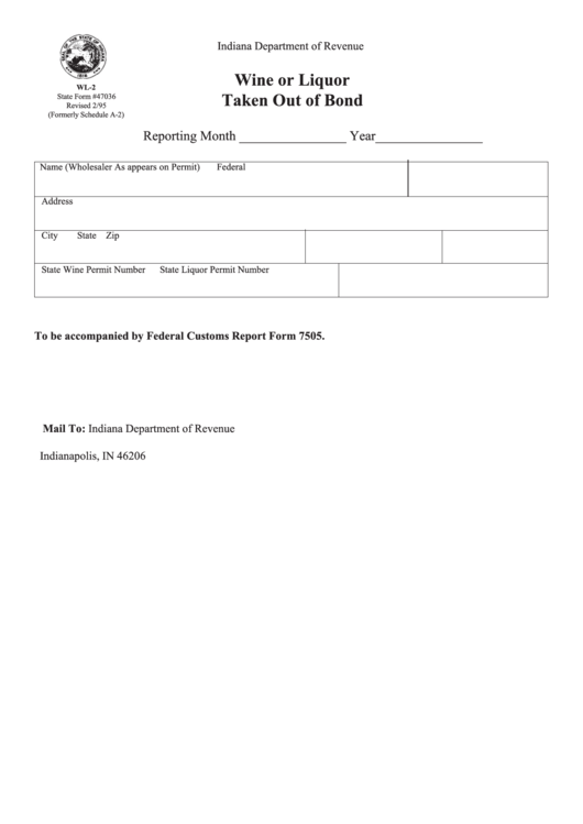 Fillable Form Wl-2 (Formerly Schedule A-2) - Wine Or Liquor Taken Out Of Bond Printable pdf