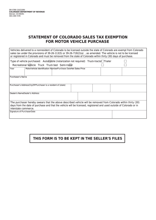 Form Dr 0780 - Statement Of Colorado Sales Tax Exemption For Motor Vehicle Purchas Printable pdf
