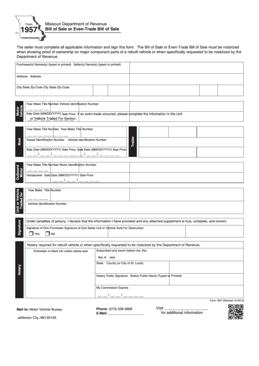 Fillable Form 1957 - Bill Of Sale Or Even-Trade Bill Of Sale Printable pdf