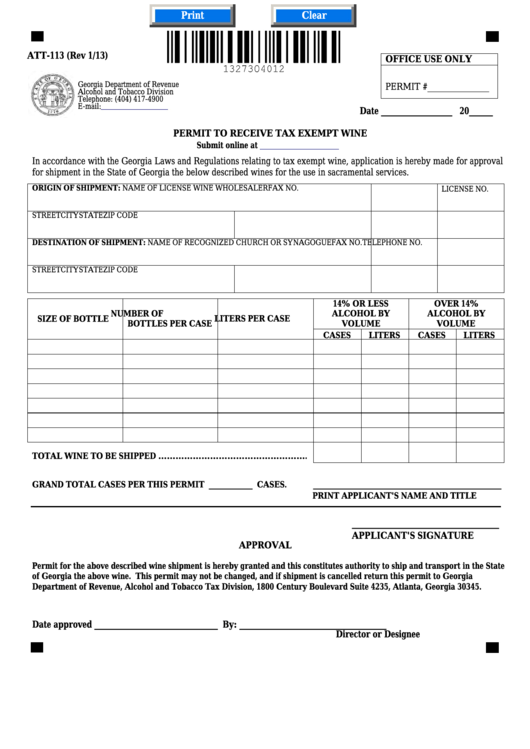 Fillable Form Att-113 - Permit To Receive Tax Exempt Wine Printable pdf