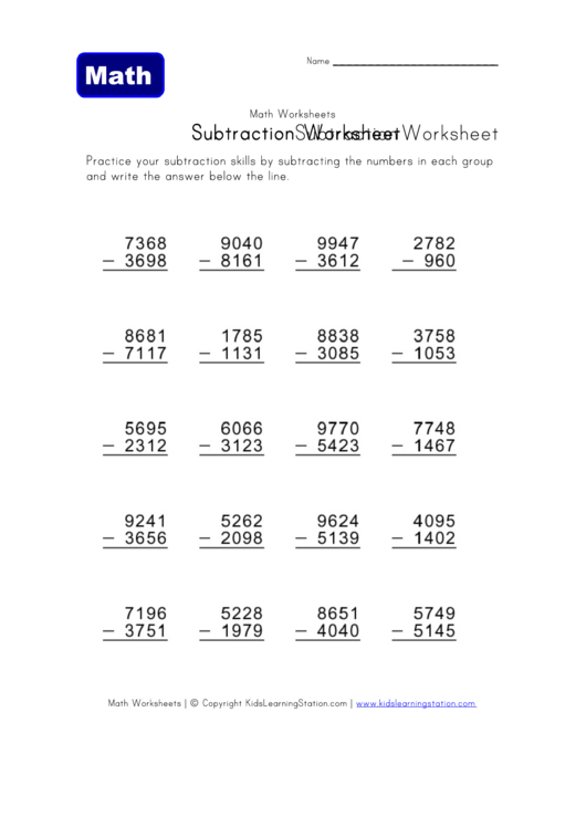 Subtraction Worksheet Template Printable pdf