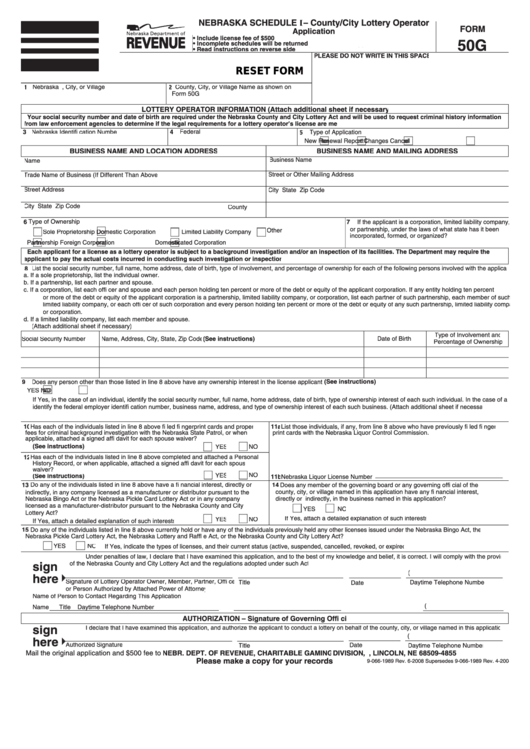 Fillable Form 50g - Nebraska Schedule I - County/city Lottery Operator Application Printable pdf
