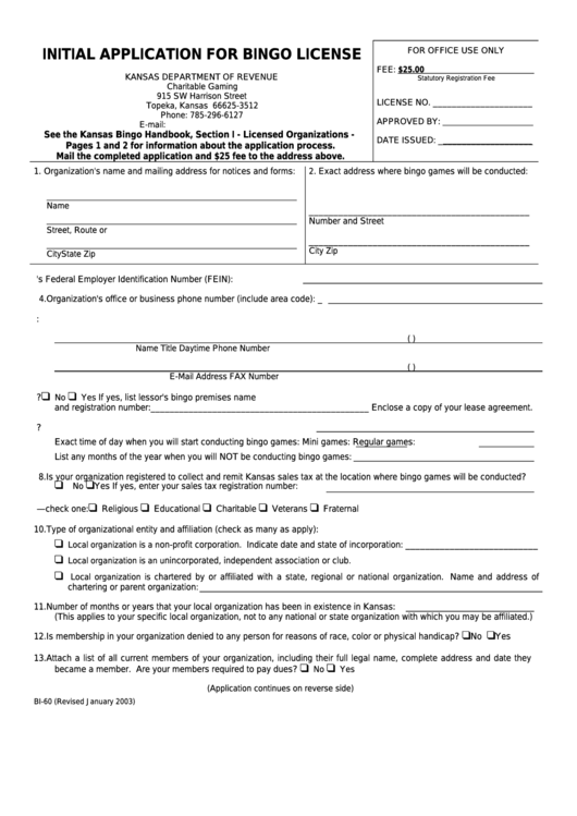 Form Bi-60 - Initial Application For Bingo License Printable pdf