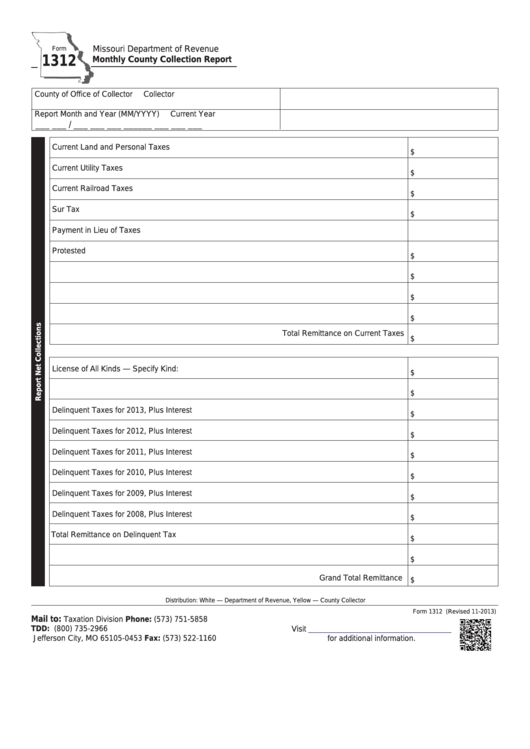 Fillable Form 1312 - Monthly County Collection Report Printable pdf