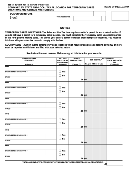Fillable Form Boe-530-B - Combined 1% State And Local Tax Allocation For Temporary Sales Locations And Certain Auctioneers Printable pdf