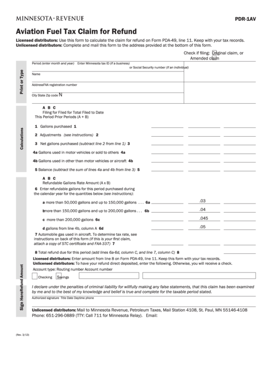 Fillable Form Pdr-1av - Aviation Fuel Tax Claim For Refund Printable pdf