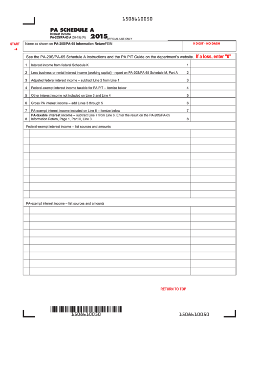 Fillable Pa Schedule A - Interest Income - 2015 Printable pdf