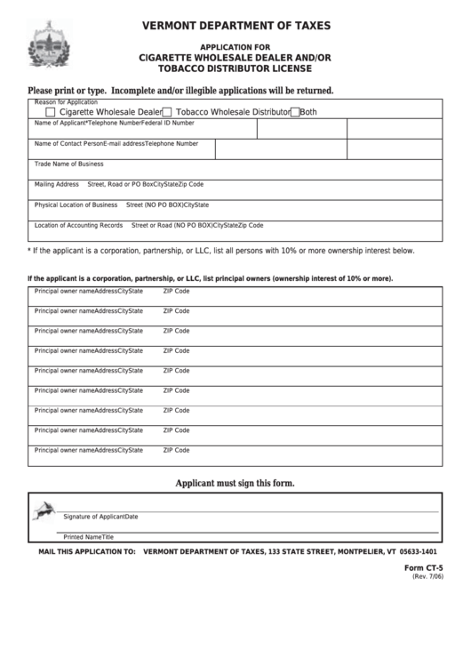 Form Ct-5 - Application For Cigarette Wholesale Dealer And/or Tobacco Distributor License Printable pdf