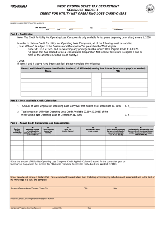 Fillable Form Wv/unolc-1 - Schedule Unolc-1 Credit For Utility Net Operating Loss Carryovers Printable pdf
