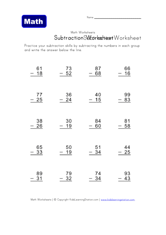 Two Digit Subtraction Worksheet Template Printable pdf