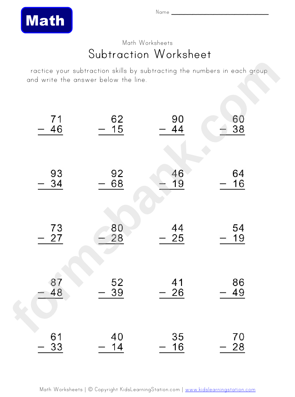 Two Digits Subtraction Worksheet Template