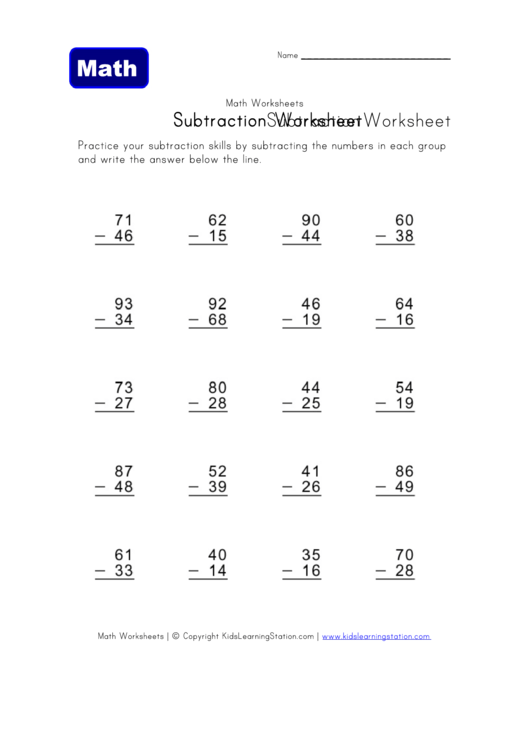 Two Digits Subtraction Worksheet Template Printable pdf